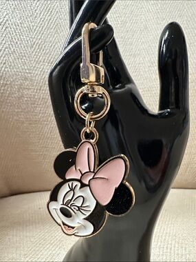 Disney Minnie Mouse Pink & Black Enamel Keychain Charm with Gold Hardware